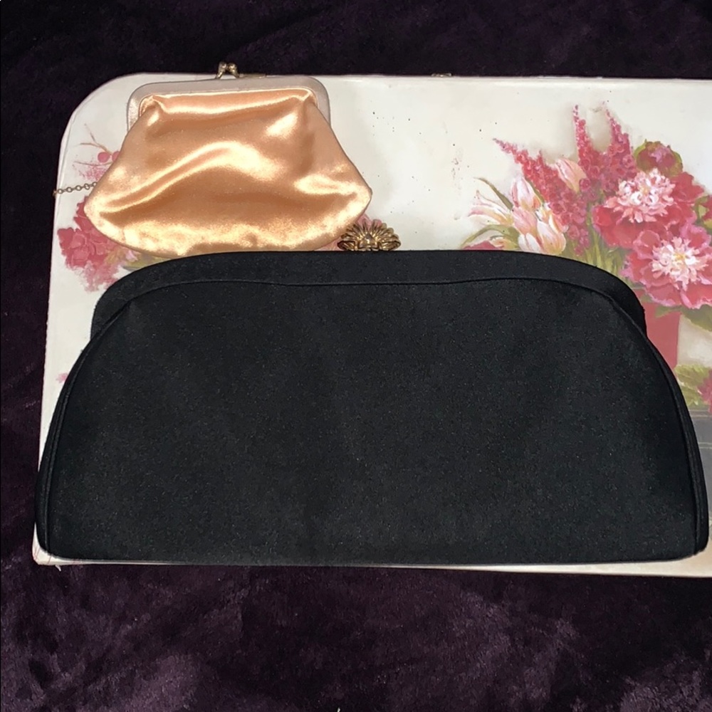 MM Vintage black Satin crown clutch purse bag